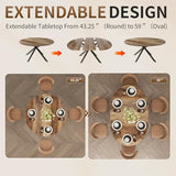 59-Inch Extendable Round Dining Table for Dining Room, 4-6 People Large Expandable Kitchen Dinner Tables with Oval Wood Top and Industrial Metal Frame for Dinner Room, Small Space, Black Brown Epecoya
