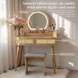 Brafab Small Vanity Desk with Stool for Bedroom, Boho Rattan Compact Makeup Vanity Table with 3 Modes Adjustable LED Mirror, 31" Space Saving Dressing Table Vanity Set, Natural Wood Brafab