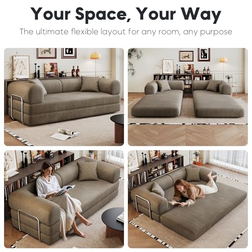 ZEIINPA 79" Convertible Sleeper Sofa Bed, Modern Corduroy Floor Couch Bed with Silver Fixed-Shape Frame, Modular Sofa Couch with Pull Out Bed, Loveseat Sleeper Boneless Couches for Living Room, Camel ZEIINPA