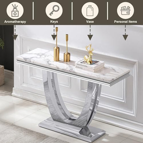 47" Modern Marble Console Table, Narrow Entryway Table White Faux Marble Top & Silver Double U-Shaped Stainless Steel Base - Sofa Table for Entryway, Hallway, Foyer, Living Room AMHDDT