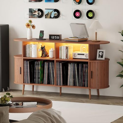 LMSXG-MZ 55.1" Fluted Record Player Stand with USB & App Control LED Lights, Mid-Century Modern Vinyl Storage Cabinet, Holds 300+ Records, Turntable Stand for Living Room(Walnut, 55.1")