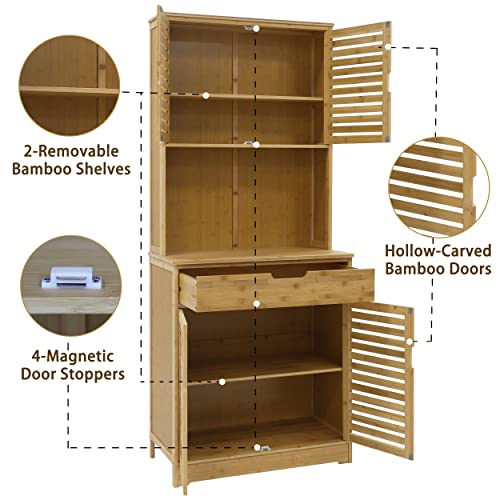 MUPATER Kitchen Pantry Cabinet Hutch Storage with Microwave Stand, 72'' Bamboo Freestanding Pantry Buffet Cabinet with Doors and Shelves for Home MUPATER