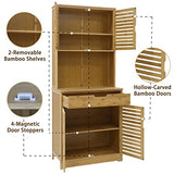MUPATER Kitchen Pantry Cabinet Hutch Storage with Microwave Stand, 72'' Bamboo Freestanding Pantry Buffet Cabinet with Doors and Shelves for Home MUPATER