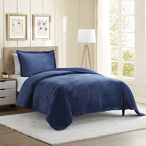 Nestl Premium Flannel Duvet Cover Set - 2 PC Reversible Twin Comforter Cover Set with Microfiber Back - 1 Velvet Duvet Cover Twin with Zipper Closure & 1 Pillow Sham 68 x 90 inches – Navy Blue Nestl