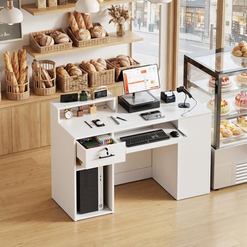 PAKASEPT Reception Desk with Counter for Retail & Checkout,Modern Reception Counter with LED Lights,Drawers,Open Shelves,Retail Counter with Storage for Countertop,Beauty Salon,Shop,Bar(White Small)