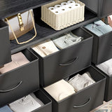 Fixwal Dresser for Bedroom with Power Outlets and LED Lights, Black 55" TV Stand with 8 Drawers, Fabric Chest of Drawers with PU Finish for Living Room, Entryway Fixwal