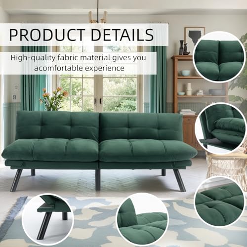 JvFun 71-inch Microfiber Upholstered Futon Sofa Bed - 2 Seats, Adjustable Arms/Back, Iron Legs | Convertible to Sleeper for Main Living Spaces, Bedrooms, Offices (Emerald +2Seat) JvFun