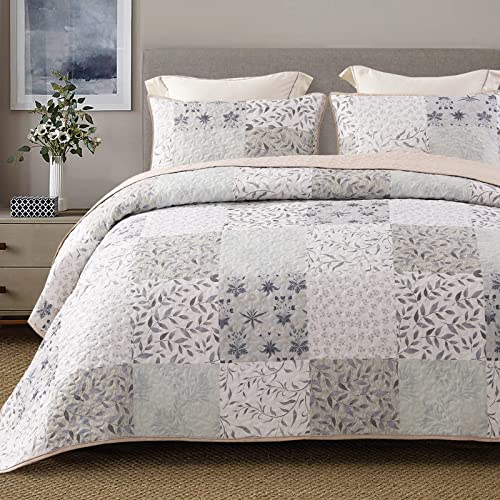 Exclusivo Mezcla Reversible Boho Quilts Twin Size, Gray Bedspreads Lightweight Coverlet All Season Patchwork Quilt Bedding Set with Printed Floral Pattern (1 Quilt, 1 Pillow Sham) Exclusivo Mezcla