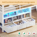 BTHFST Low Loft Bed Twin Size with 3 Storage Drawers, 3-Tier Kids Bookshelf, 5 Open Cubbies and 2 LED Lights Strips, Metal Kids Loft Bed with High Safety Guardrail, Inclined Ladder and Play Area BTHFST