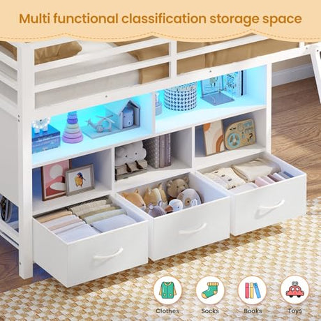 BTHFST Low Loft Bed Twin Size with 3 Storage Drawers, 3-Tier Kids Bookshelf, 5 Open Cubbies and 2 LED Lights Strips, Metal Kids Loft Bed with High Safety Guardrail, Inclined Ladder and Play Area BTHFST
