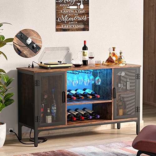 Homieasy Wine Bar Cabinet with Led Lights and Power Outlets, Industrial Coffee Bar Cabinet for Liquor and Glasses, Farmhouse Bar Cabinet with Removable Wine Racks, Rustic Brown Homieasy
