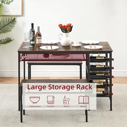 Dining Table Set for 4, Kitchen Table with 2 Benches, Wine Rack and Storage Shelf, Rectangular Dining Room Table Set, 3 Piece Dining Table Set for Small Space, Apartment, Dinette, Rustic Brown coucheta