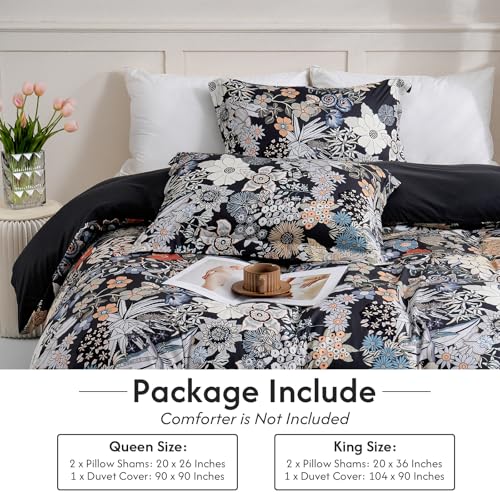 LONAVA King Flower 3 Pcs Duvet Cover Set, Breathable Soft Microfiber Black Lining Comforter Cover with Zipper Closure, and 2 Anti-Pilling, Fade Resistant Pillowcases, Midnight Blossoms LONAVA