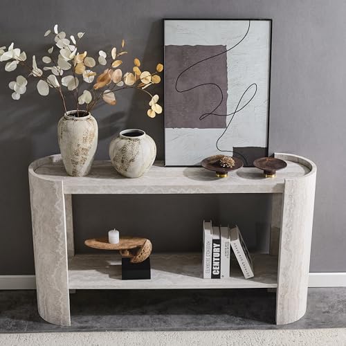 BFJDM 53" Faux Travertine Stone Console Table for Entryway, 2-Tier Sofa Entrance Table with Faux Mars Marble Pattern, Modern Sofa Tables with Storage Shelf for Living Room, Hallway, Foyer, Beige BFJDM