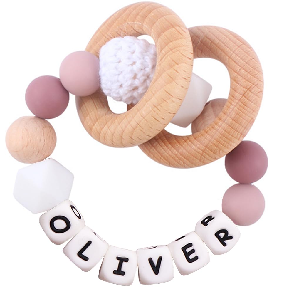 Personalized Baby Rattle Ring with Name,Custom Silicone Bracelet Rings Stroller for New Baby Newborn Shower Gift (Wooden Rings) Verxcty