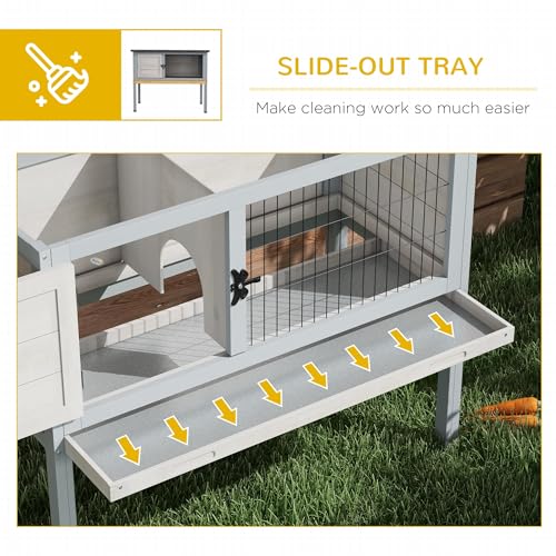 PawHut Elevated Wooden Rabbit Hutch, Indoor/Outdoor Bunny Cage with Hinged Asphalt Roof and Removable Tray for Guinea Pig, Gray - WoodArtSupply