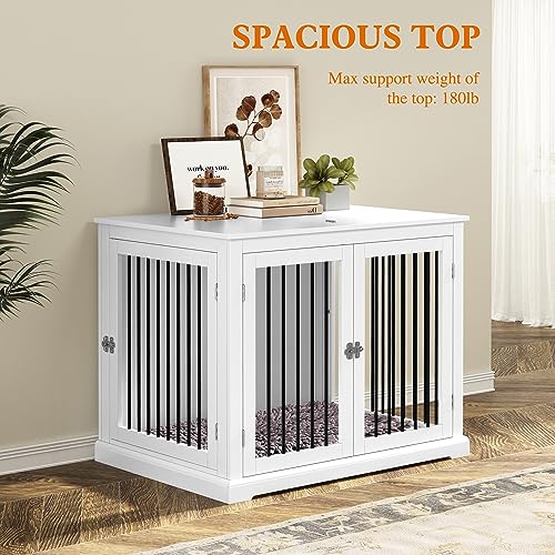 PUPETPO Dog Crate Furniture with Cushion, Dog Crate End Table Large, Indoor Dog Kennel, Dog House, Dog Cages for Large Dogs, Furniture Style Dog Crate with Flip-top, Chew-Proof Metal Bars, Wh - WoodArtSupply