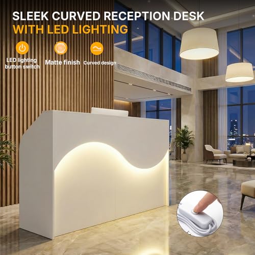 ZIMASYA Modern Reception Desk with Counter,55 Inch Front Desk Reception Counter with LED Lights,Built-in Outlets USB Charging Ports,Lockable Drawers for Office Salon Retail Store White