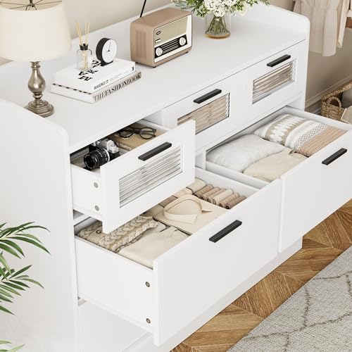 HOSTACK Modern 7 Drawer Double Dresser for Bedroom, Wide Chest of Drawers with Fence, Wood Storage Organizer with Metal Handle & Fluted Glass, Accent Storage Cabinet for Living Room, Entryway, White HOSTACK