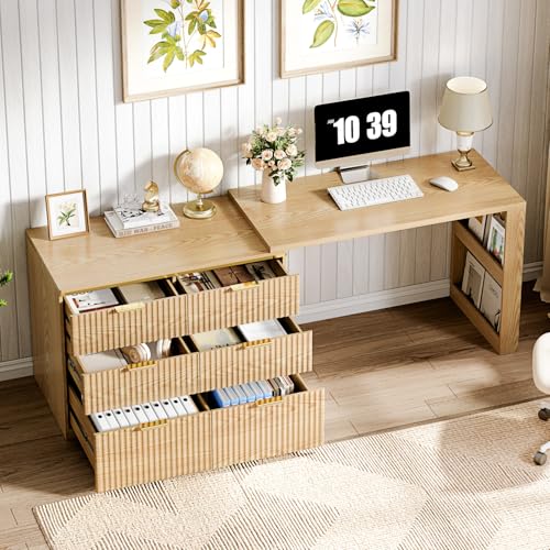 Ieejdn L Shaped Standing Desk,47" Home Office Desks, Executive, Farmhouse Computer Desk with 6 Drawers File Drawer, Rustic Computer Writing, Oak Ieejdn