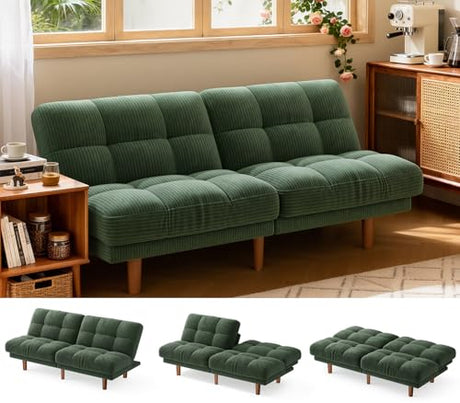 AMADA HOMEFURNISHING 65" Futon Sofa Bed, Convertible Futon Couch with Adjustable Backrest, Ergonomic Recliner Sleeper Sofa with Corduroy Fabric for Living Room, Office, Guest Room (Green) AMADA HOMEFURNISHING