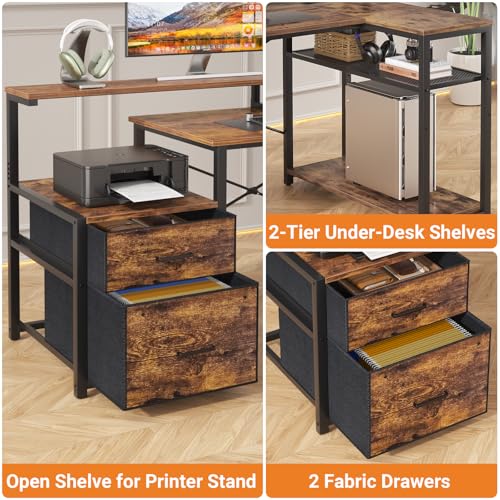 Aheaplus L Shaped Desk with File Drawer, Reversible L Shaped Computer Desk Gaming Desk with Power Outlet & LED Strip, Home Office Desk Corner Desk with Monitor Shelf, Storage Shelves, Rustic Brown Aheaplus