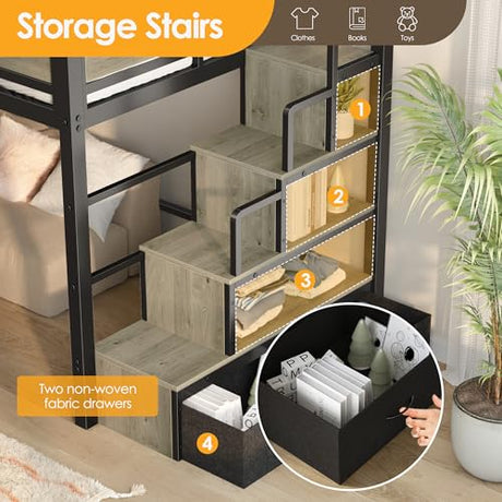 SogesSleep Loft Bed Twin Size with Stairs, More Sturdy Metal Loft Bed with Built-in Storage Stairs and Large Under-Bed Space, Used for Teens, Space Saving for Apartment or Dorm, No Box Spring, Black SogesSleep