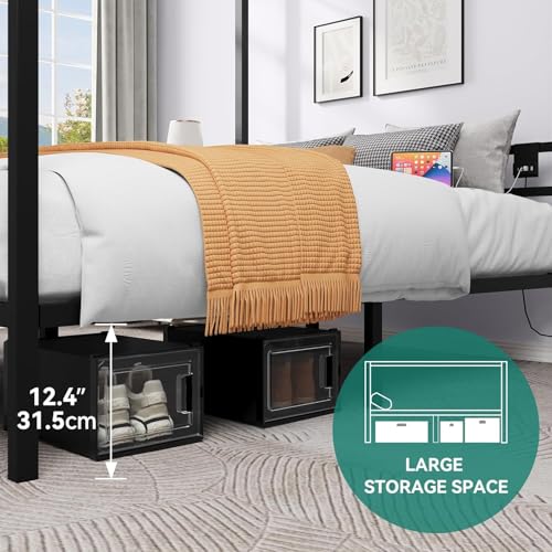 YITAHOME Canopy Bed Frame, Four Poster Platform Bed with USB Charging Station, Metal Bed Frame with Slats Support, 12.4 inch Underbed Storage, No Box Spring Needed, Black, King Size