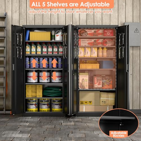 JAORD Lockable Garage Storage Cabinet with 5 Adjustable Shelves, 71" H Black Metal Storage Cabinet with 2 Pegboard Doos for Garage, Home, Assembly Required, Black JAORD