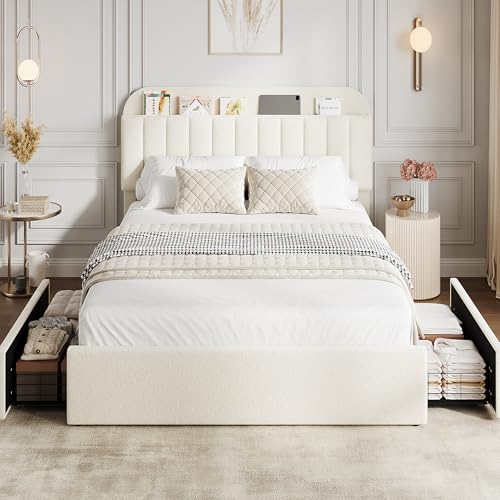 GarveeHome Full Bed Frame with Storage Headboard, Kids Bed Frame with 2 Drawers, Boucle Upholstered Platform Bed with Bookcase, No Box Spring Needed, Easy Assembly, Beige White GarveeHome