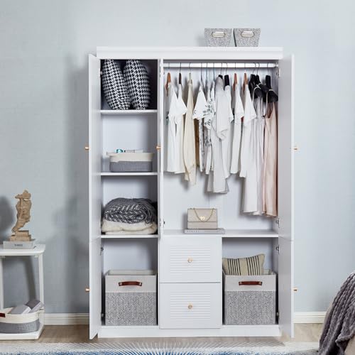 WonderWard 74" H Wardrobe with 3 Doors and 2 Storage Drawers, White Armoire Wardrobe Closet, Bedroom Closet with Hanging Rod, Clothing Wardrobe Closet, Wooden Louvered Wardrobe Closet. WonderWard