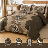 Dintszyayue Brown Quilt Set Queen Size,3 Piece Boho Aztec Texture Bedspread Coverlet Set Reversible Lightweight Bedding Set Geometric Bohemian Bed Cover with 2 Pillowcases(Dark Brown,90"x96") Dintszyayue