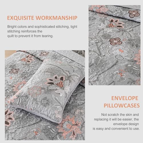 WONGS BEDDING Floral Quilt Set King Size, Grey Botanical King Bedspread Bedding Sets Soft Lightweight Microfiber Flower Gray Coverlet Set 3 Pieces for All Season (104"x90") WONGS BEDDING