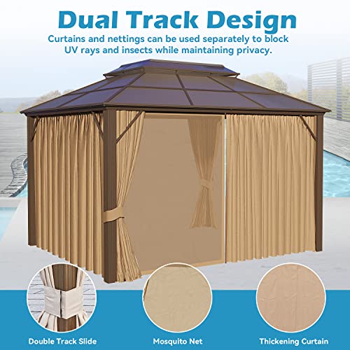 GAZEBEST 10' X 13' Permanent Hardtop Gazebo, Outdoor Polycarbonate Double Roof Pavilion Pergola Canopy with Aluminum Frame and Privacy Curtains for Patio, Garden, Backyard, Lawn - WoodArtSupply