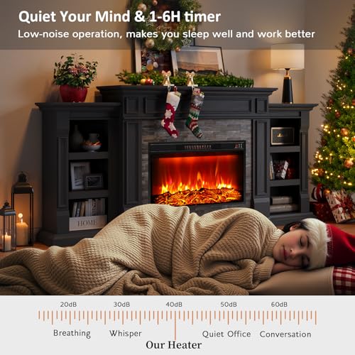 Naice 80" Electric Fireplace with Mantel, Fireplace TV Stand for TVs Up to 90", Modern Entertainment Center, Realistic Stacked Stone Surround 30" 3D Realistic Flame Heater Ideal for Living Room,Black Naice