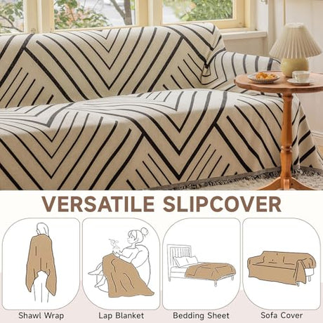 VClife Soft Chenille Couch Cover Modern Geometric Herringbone Jacquard Sofa Slipcover Black Beige Cream Arrow L Shape Futon Sofa Cover Furniture Protector with Lace, Fade Resistant, Easy Care VClife