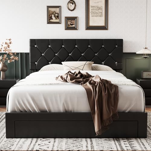 VECELO Full Size Bed Frame with 3 Storage Drawers, Leather Upholstered with Diamond Tufted Headboard, Solid Wood Slat Support & Steel Framework, PU & Black VECELO
