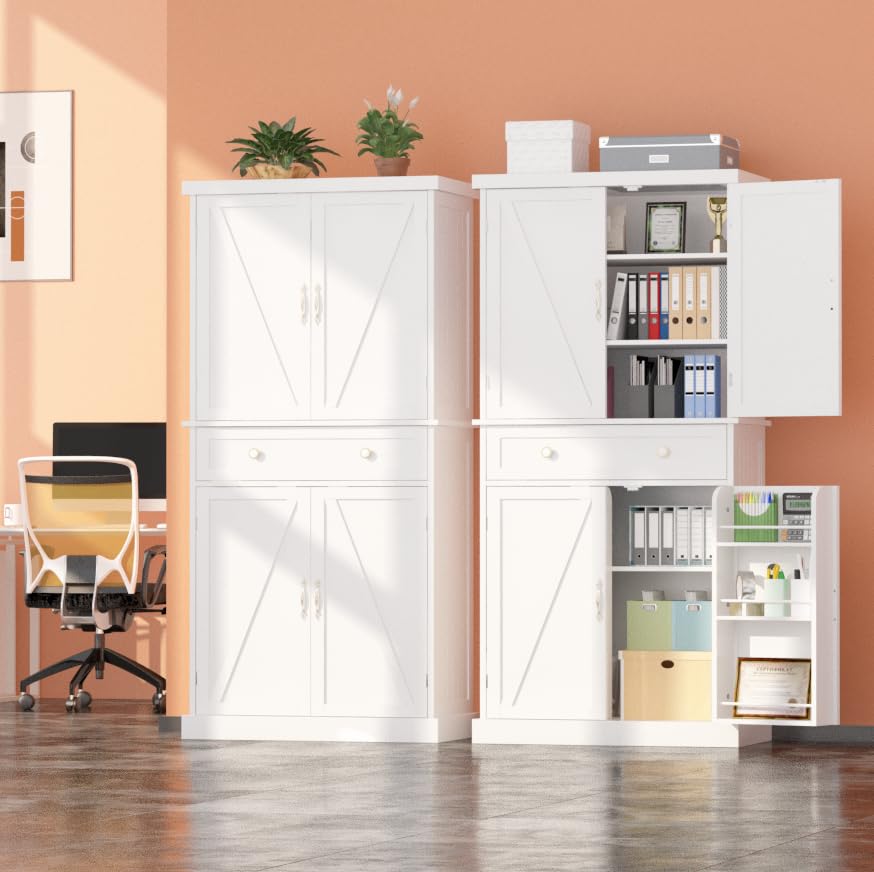 kepptory 72“ Kitchen Pantry Cabinet White, Tall Pantry Storage Cabinet with Adjustable Shelves and Drawer, Kitchen Buffet Cupboards Sideboard for Home Office Use (16" D x 30" W x 72" H) kepptory