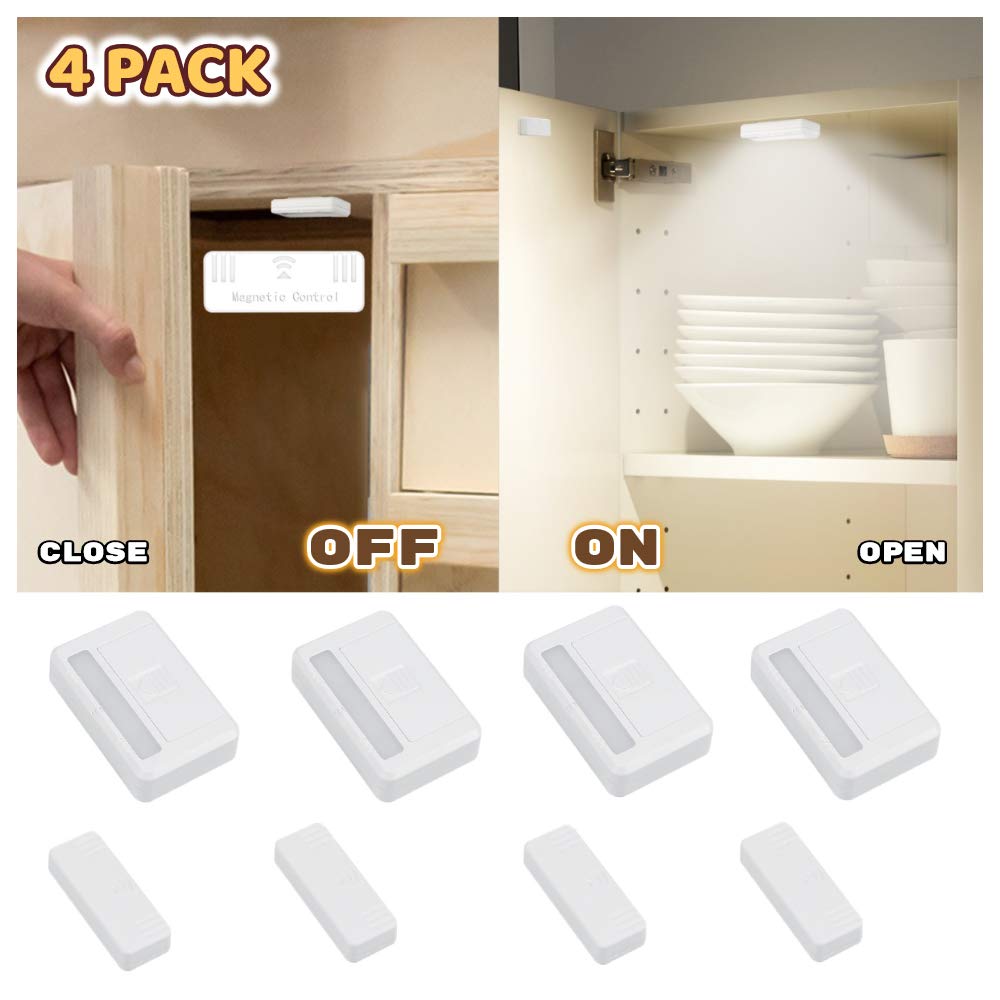 Amagle 4 Pack Door Open Automatic Turn On Off Cupboard Drawer Closet Light Battery Operated Cabinet Light Stick Led Puck Lights Lighting for Wardrobe Kitchen Basement Trunk Pantry Shelf Hutch Gun Safe Amagle