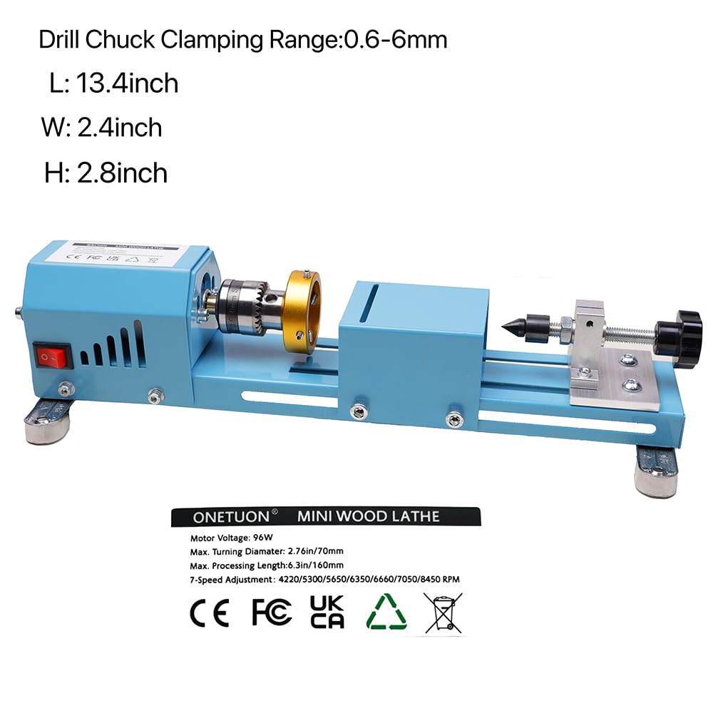 Onetuon Mini Wood Lathe Milling Machine Multi-Purpose Type Lathe with Wood Lathe Milling Accessories, for Wood Polishing, Grinding, Cutting and Milling ，2.76 in x 6.3 in, 24VDC 96W，7 Speeds