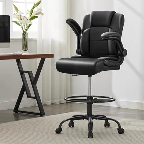 Ergonomic Drafting Chair,Tall Office Chair for Standing Desk with Flip-Up Armrests,Adjustable Foot Ring & Height, High Leather Executive Office Chair for Home,Drawing or Counter Height Use KWKSV