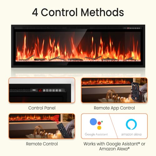 60” Smart Electric Fireplace with Voice Control, Realistic Flame, Crackling Sound, Wall Mounted or Recessed Fireplace Insert, App/Remote Control, Logs & Crystals Included for Living Room, Bedroom Rresyet