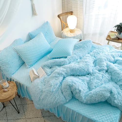 HAIHUA Blue Fluffy Comforter Cover Set - Faux Fur Light Blue Twin Bed Comforter Cover Set 1 Pieces (1 Plush Duvet Cover) Girls Bedding Sets, Solid Color (Blue, Twin) HAIHUA