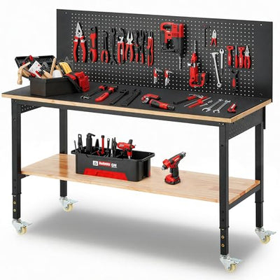 DNYKER 60" Adjustable Height Workbench, 3000 LBS Heavy Duty Work Table for Garage,Rubber Wood Workstation with USB Power Outlets/Wheels/Pegboard for Workshop, Office, Home