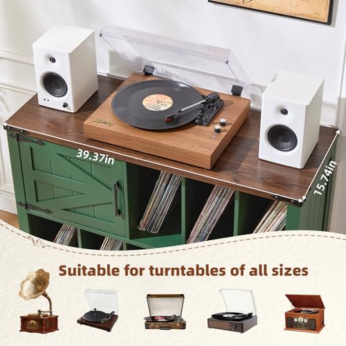 Joaxswe Large Record Player Stand with Vinyl Storage Up to 450 Albums, 39 Inch Farmhouse Wood Green Vinyl Records Storage Cabinet with Barn Doors, Mid-Century Accent Turntable Stand for Living Room Joaxswe
