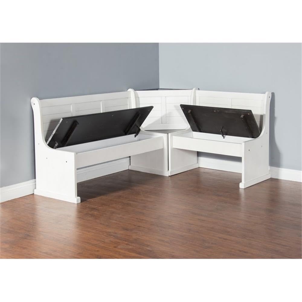 Pemberly Row Farmhouse Wood Kitchen Corner Breakfast Dining Nook Set with Hidden Storage in Off White Dark Brown Pemberly Row