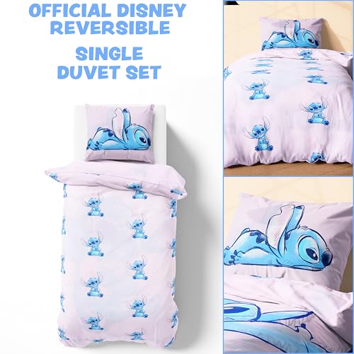 Disney Stitch Duvet Cover and Pillowcase Set, Single or Double Size, Bedroom Accessories for Kids Teens (Pink Stitch Single) Disney