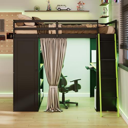 Merax Full Size Loft Bed with Desk and 6 Storage Shelves, Wardrobe, Blackout Curtain, Sturdy Wood Gaming Loft Bunk Bed Frame with USB Port & RGB Lights, Black+Green Merax