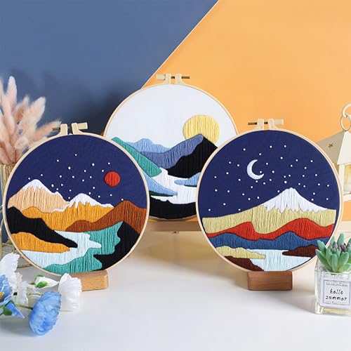 KEKEMEOW 3 Sets Embroidery Kit for Beginners, Stitches with Landscape of Mountains Patterns, DIY Cross Stitch Kits for Adults, Needlepoint Hand Embroidery Kit with Stamped Pattern、Instruction、Hoop