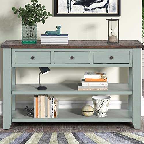 Knocbel Wood Console Table with 3 Drawers and 2 Shelves, Vintage Sofa Tables with Solid Pine Frame and 4 Legs for Entryway Hallway Living Room, 48.82" W x 15.75" D x 30" H, Retro Blue&Brown Top Knocbel